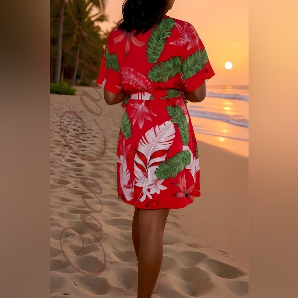 Tropical Print Dolman Sleeve Plunging Neck Belted Dress - Picture 3 of 9